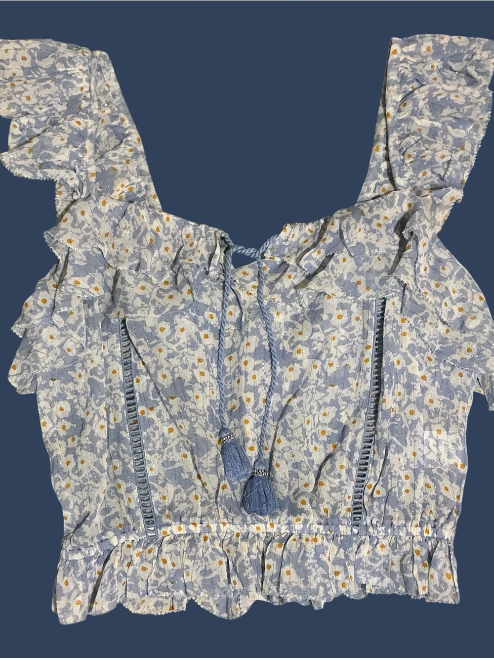 Saylor Eden Floral Ruffle Crop Top | Small | Blue Metallic Lurex Boho